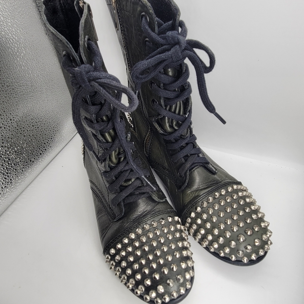 STEVE MADDEN Military Green Leather TARRNEY Motorcycle Grunge Biker Combat 8M - Picture 3 of 11